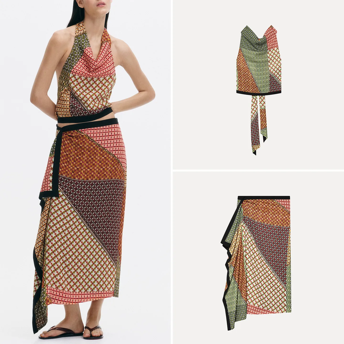 Women's Halter Neck Sleeveless Vest Gown Skirt Set Summer Fashion Two-Piece Suit Wrap Style Drapey Skirt Vest Gown
