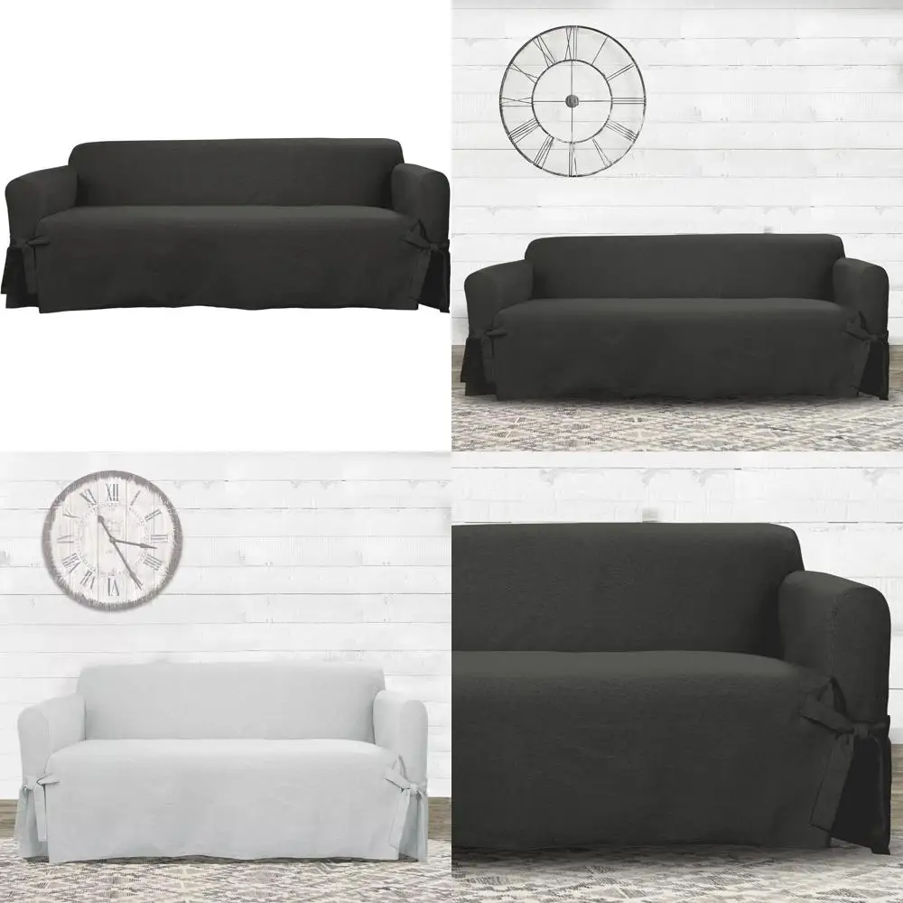 

Farmhouse-Style Basketweave Sofa Slipcover with Tie and Elastic Seat, One-Piece Cover