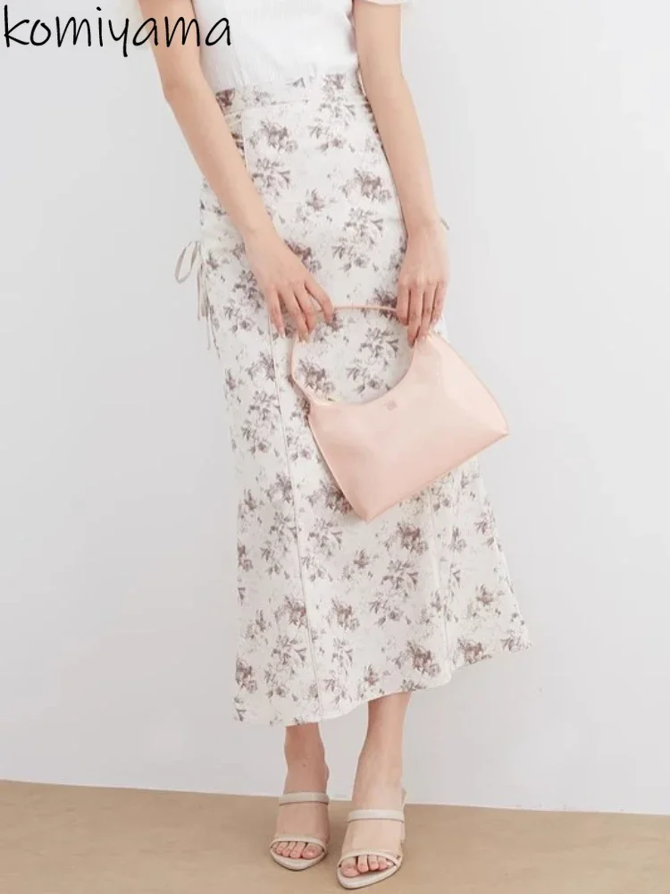 High Waist Split Woman Skirts Flower Print Pleated Faldas Mujer Women Spring Summer 2025 Skirt Japan Saia Lace-up A-line Ropa