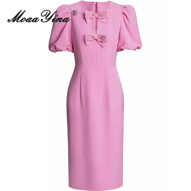 

MoaaYina Summer Fashion Runway Dress Women Vintage Solid Color Beading Bow Temperament Split Tunics Medium Length Dresses