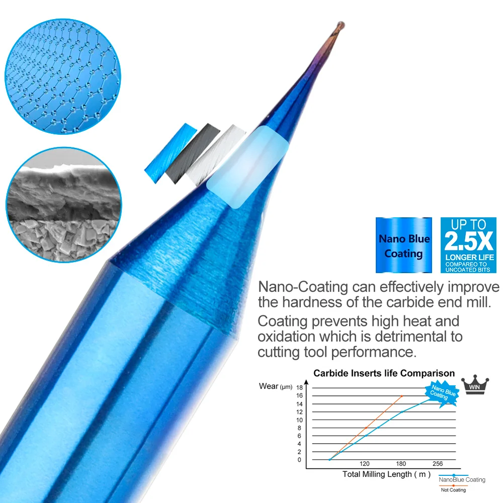 Xcan broca de fresa para micro ponta plana, peça de carboneto de 2 sulcos, broca de roteador cnc nano, azul revestido, máquina de fresa