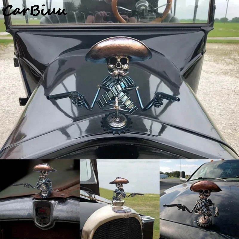 Car Pendant Skeleton Gunslinger Sculpture Cowboy 3D Metal Automotive Emblems Gothic Punk Skull Gunner Ornament Hood Statue