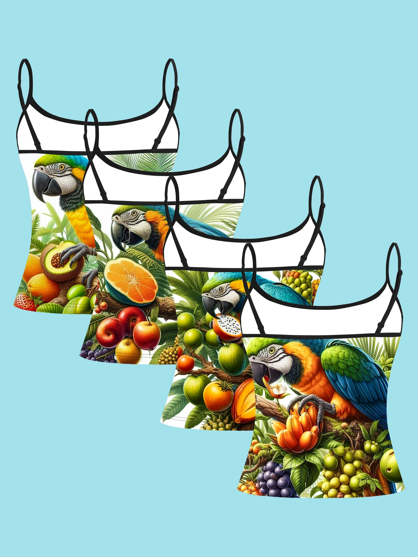 4-Piece Summer Jungle Parrot Fruit Sling Set with Avocado and Orange Parrot Patterns for Women's Slim-Fit Inner Wear