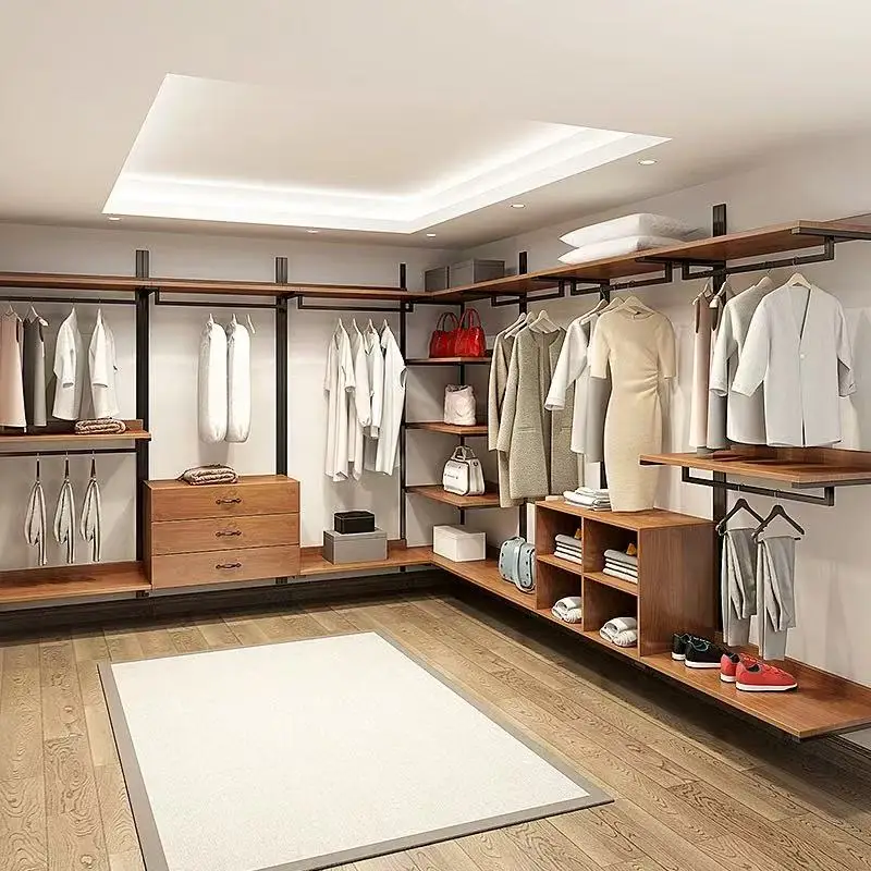 Hot Sale Customizable Transparent Aesthetics Modern Simple Style Doorless Solid Wood Metal Materials Open Wardrobe
