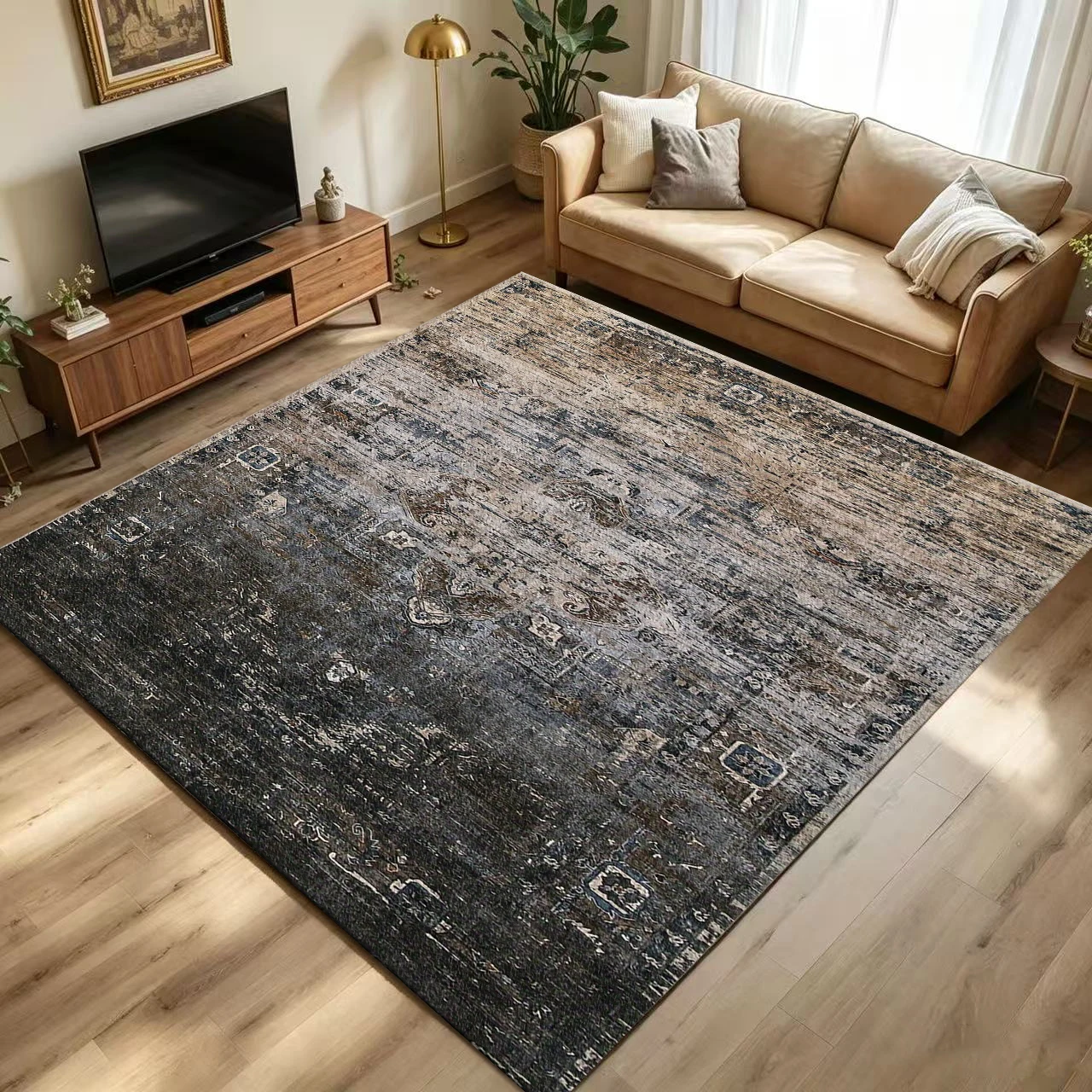 Vintage Distressed Dark Neutral Oriental Area Rug Non Slip Washable Antique Style Living Room Carpet