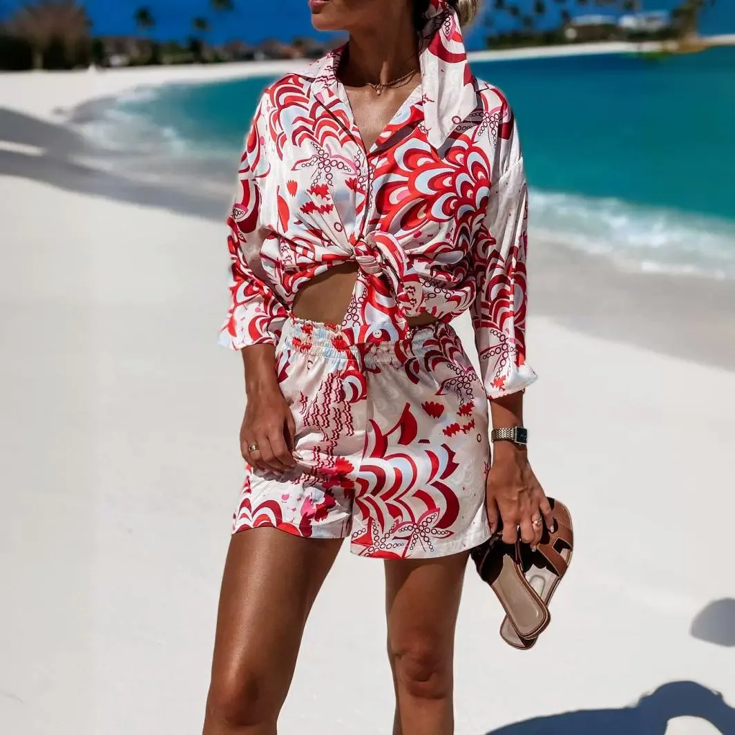 Fashion Long Sleeve Print Beach Shirts And Shorts Two Piece Sets Women 2024 Summer Casual Vintage Holiday Outfits 2 Piece Set