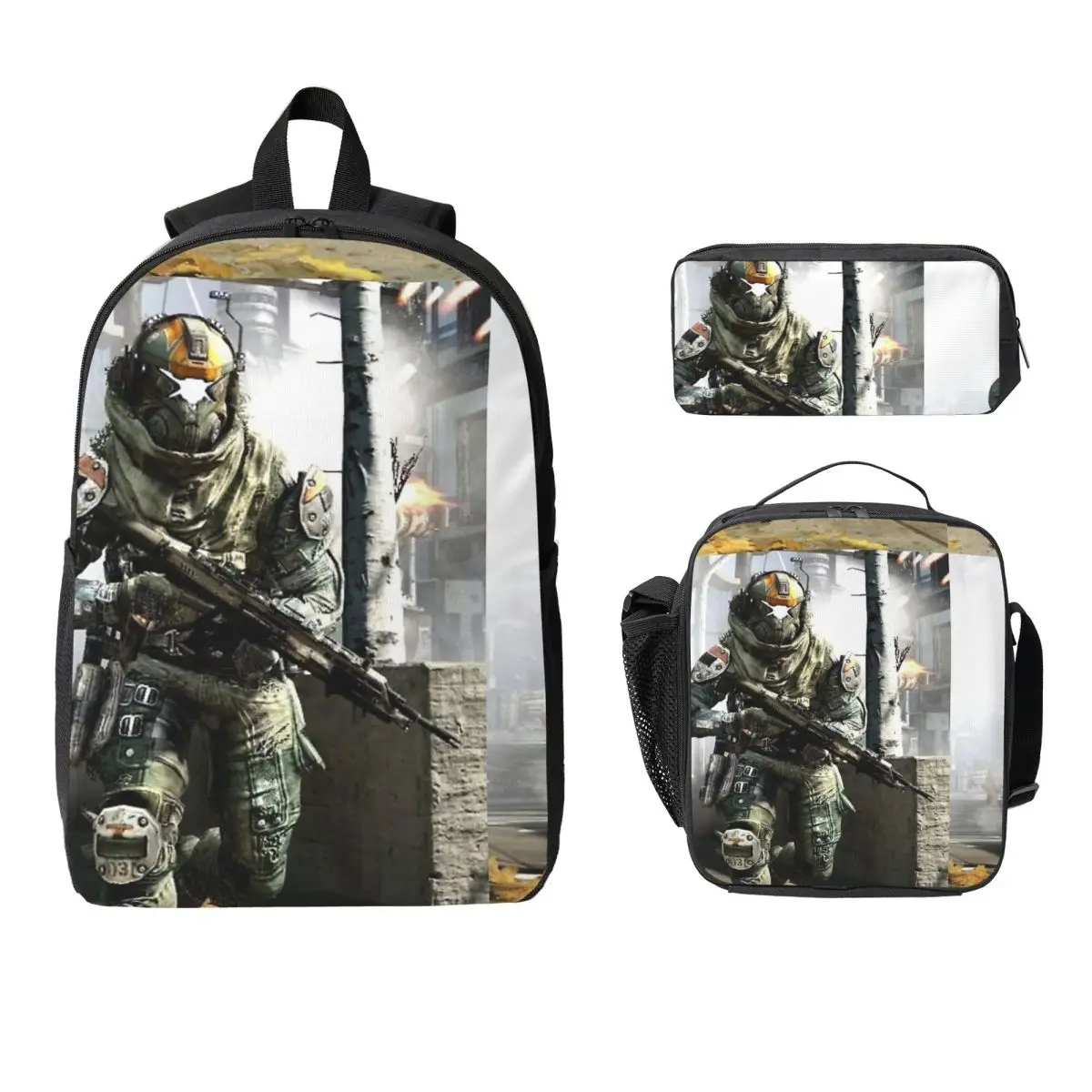 

Titanfall 2 Helmet Backpack Student Boys Girls BookBag School Bag Computer Shoulder Bags 3ps Insulated Lunch Bag Pencil Case