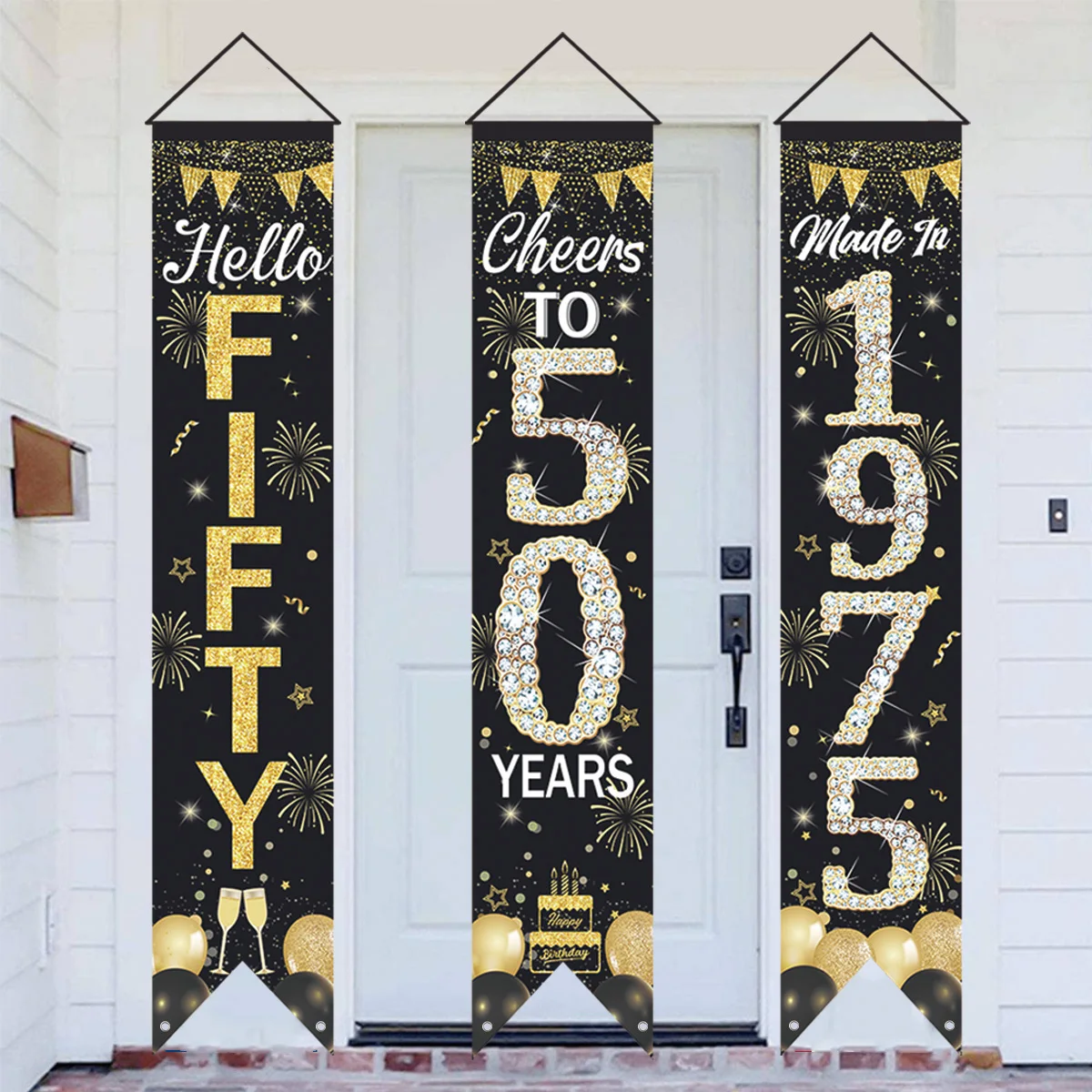 50th Birthday Door Curtain Cheers to 50 Years Hanging Banner Black Golden Birthday Party Decoration For Home Anniversary Decors