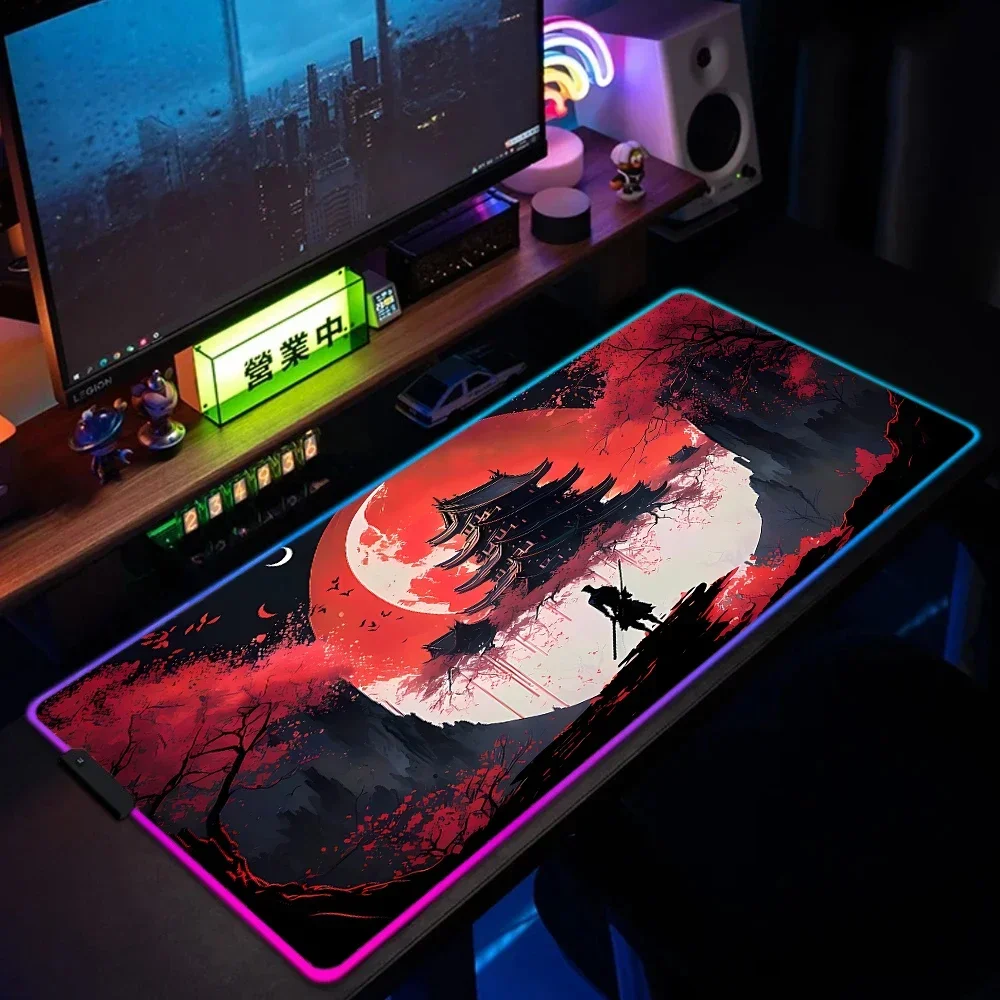 

Japanese Sakura Samurai Black Mouse Pad Large RGB Gamer E-Sports Table Mat HD High Quality Laptop PC Rubber Desk Mats 400x900mm