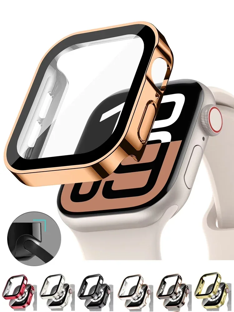 Glass+cover For Apple Watch case series 10 9 8 7 6 5 se 44mm 40mm 41mm 45mm Straight Edge Screen Protector 46mm 42mm accessories