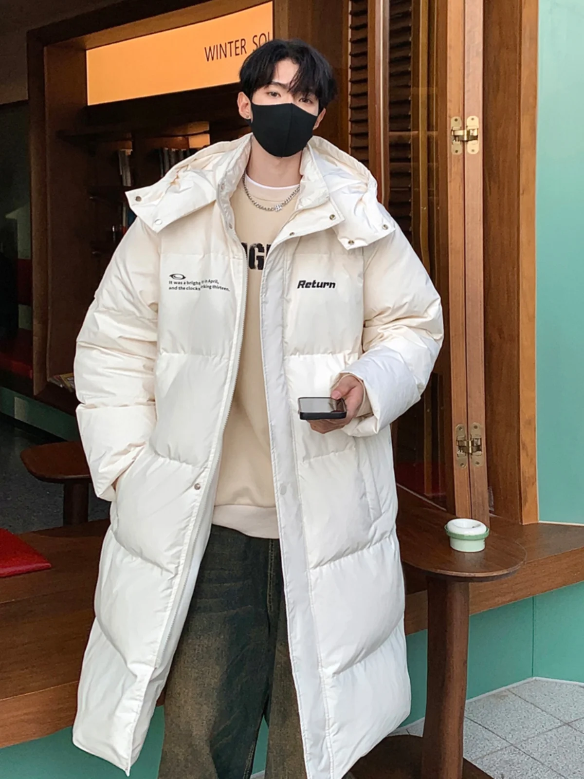 

90% White Du down Long Puffer Jaet Men's Winter 2024 New Hooded Knee-Length Cotton Coat Warmth Youth Faion Thiened