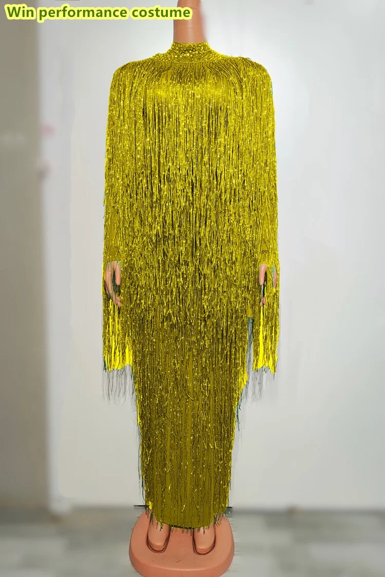 Lion-Vestido largo con borlas de diamantes de imitación multicolores, vestido Sexy para fiestas, clubs nocturnos, bares, actuaciones en escenario, disfraces