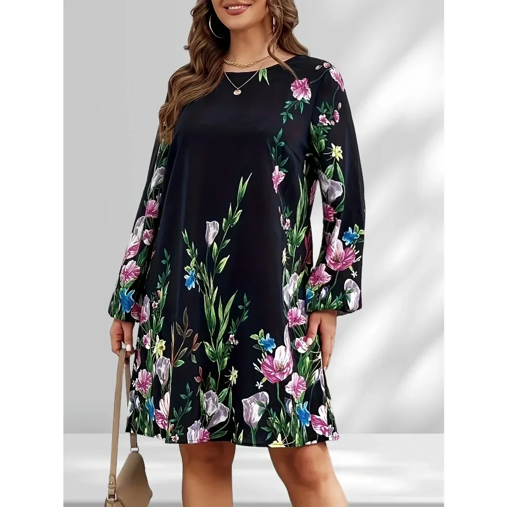

Plus Size 1XL-5XL New Fashion Women's Floral Print Lantern Sleeve Dress Women's Long Sleeved Pleated Edge Dress
