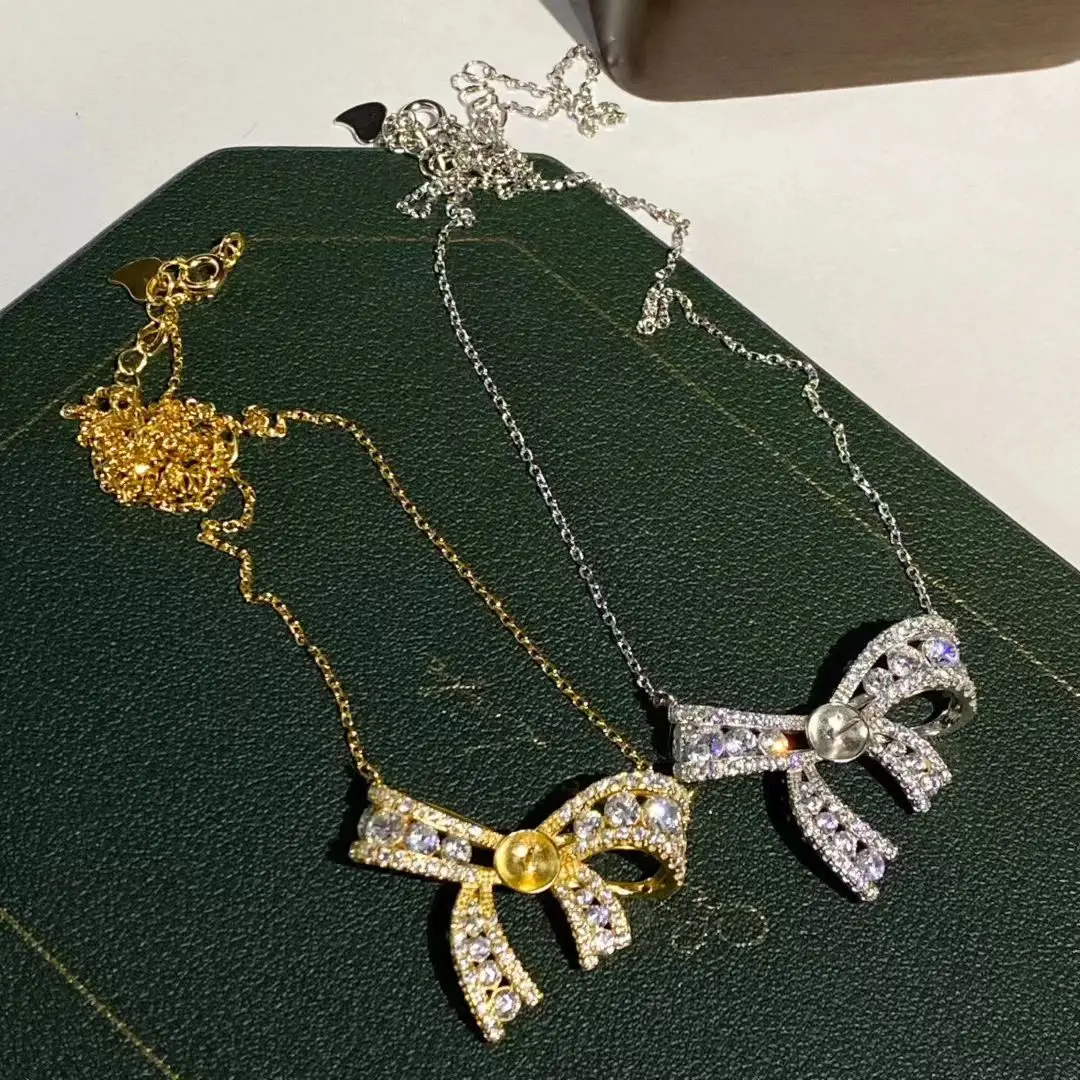 Bow Knot S925 Sterling Silver Necklace Findings Jewelry Base Settings Mountings Parts Mounts for 8-9mm Pearls Stones 5pcs/lot