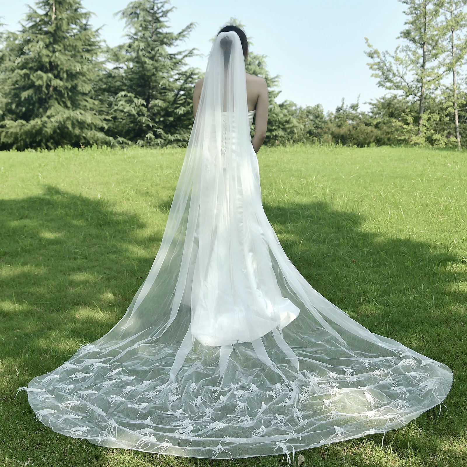 Voile de Mariage en Tulle Doux Fait à la Main avec Plumes pour Femme, 1 Niveau, pour Patients, 3m de Long, V22