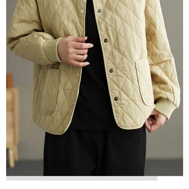 2023 New Cotton Clothing Women Winter Diamond Jacket Cotton Light and Thin Small Cotton Jacket Mother Short Solid Color Overcoat