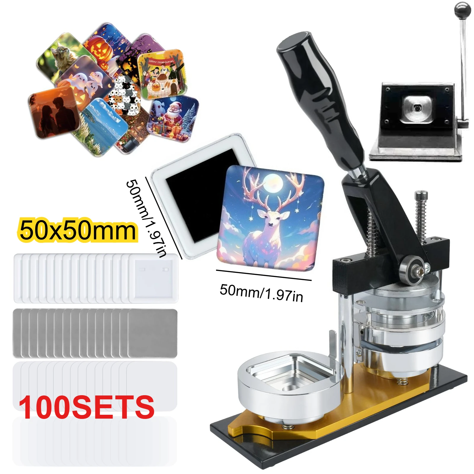 50x50mm Square Fridge Badge Press Machine Rotating Manual Making Refrigerator Magnet Button Pins for Business Gifts Home Office