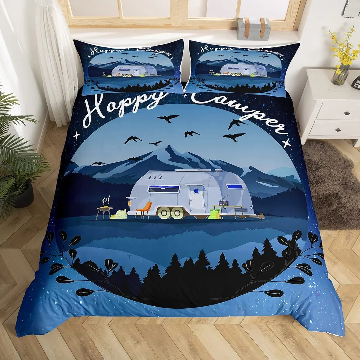 Happy Camping Duvet Cover Rustic Farmhouse Camper RV Bedding Set King Starry Night Comforter Cover Adventure Theme Quilt Cover