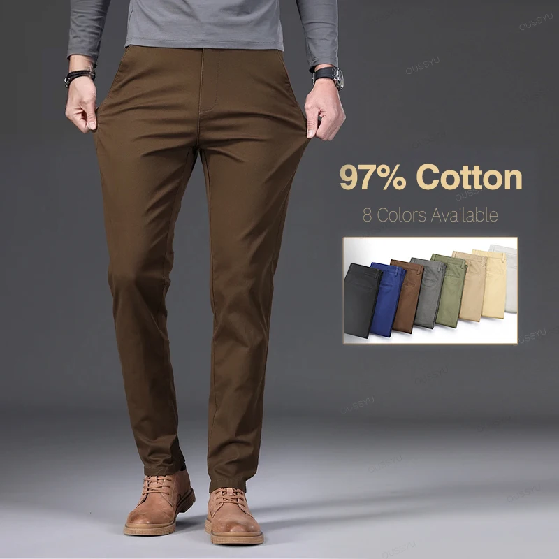 High Quality Spring Summer 97%Cotton Men's Casual Pants Elastic High Waist Straight Business Chino Trousers Male ArmyGreen Khaki