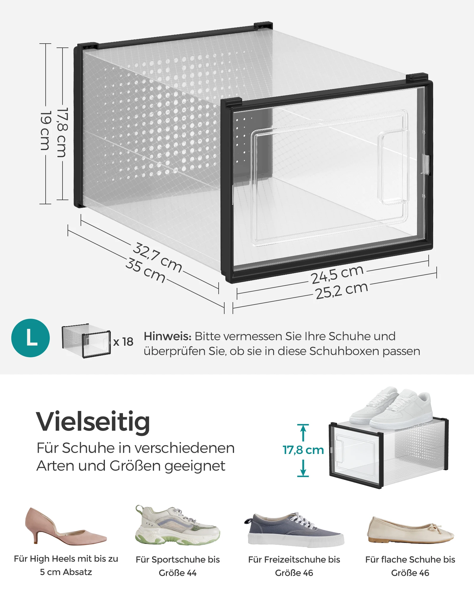 SONGMICS Shoe Box (18 st), Foldable, up to size 44 or 46