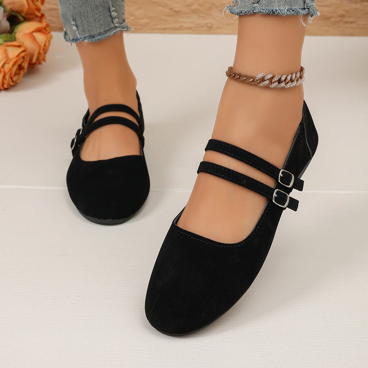 Damen Mary Jane Ballerinas mit doppeltem Riemen, runder Zehenpartie und weicher Sohle, Freizeitschuhe – Detail 12