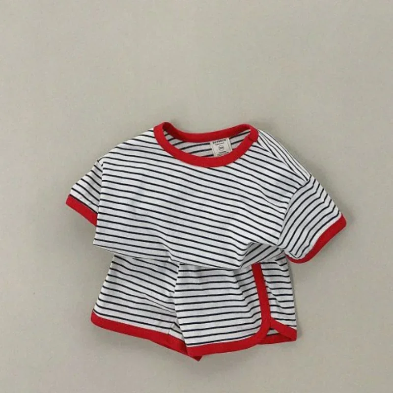 2024 Kids Girls Summer Cotton Clothing Suit 2Pcs Children Striped Short-Sleeve T-Shirt + Shorts Sets Baby Fashion Loose Outfits