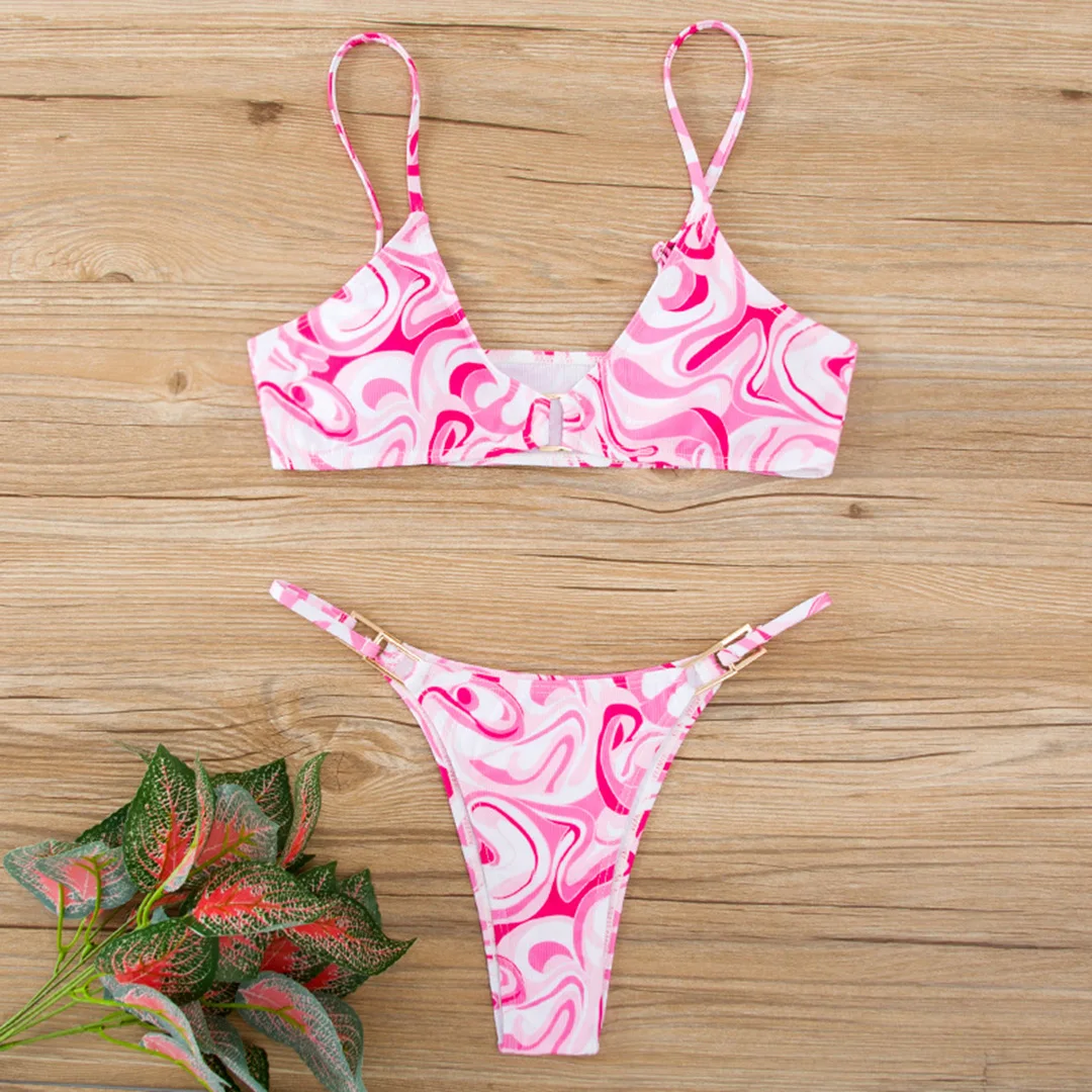 Sexy, gerippter, hoch geschnittener Bikini, Damen-Badeanzug, zweiteiliger Bikini mit Polsterung, Badebekleidung, Badeanzug, Damen-Bikini V7111 – Detail 39