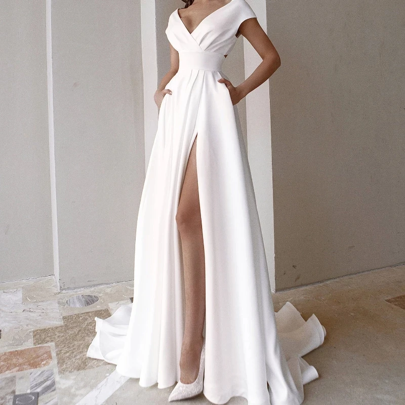 Elegant Casual Women's Dresses Sexy V-neck Side Slit Backless White Long Skirt Wedding Banquet Bridesmaid Dress Evening Gown