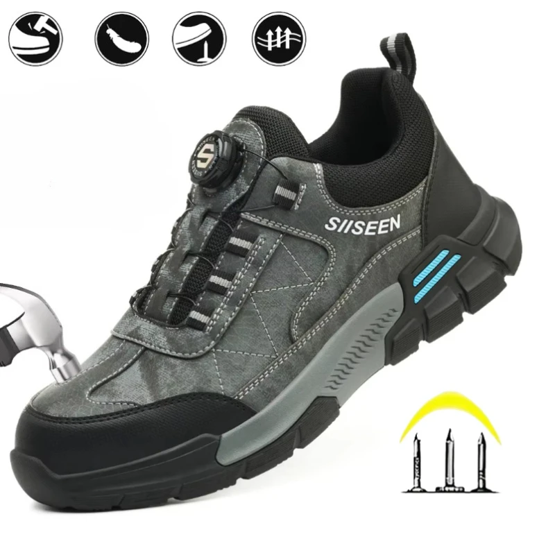 Hot Sale Men Safety Shoes Steel Toed Mens Work Shoe Anti Smashing Anti Puncture Casual Shoe Rotating Button Non Slip Men Shoes