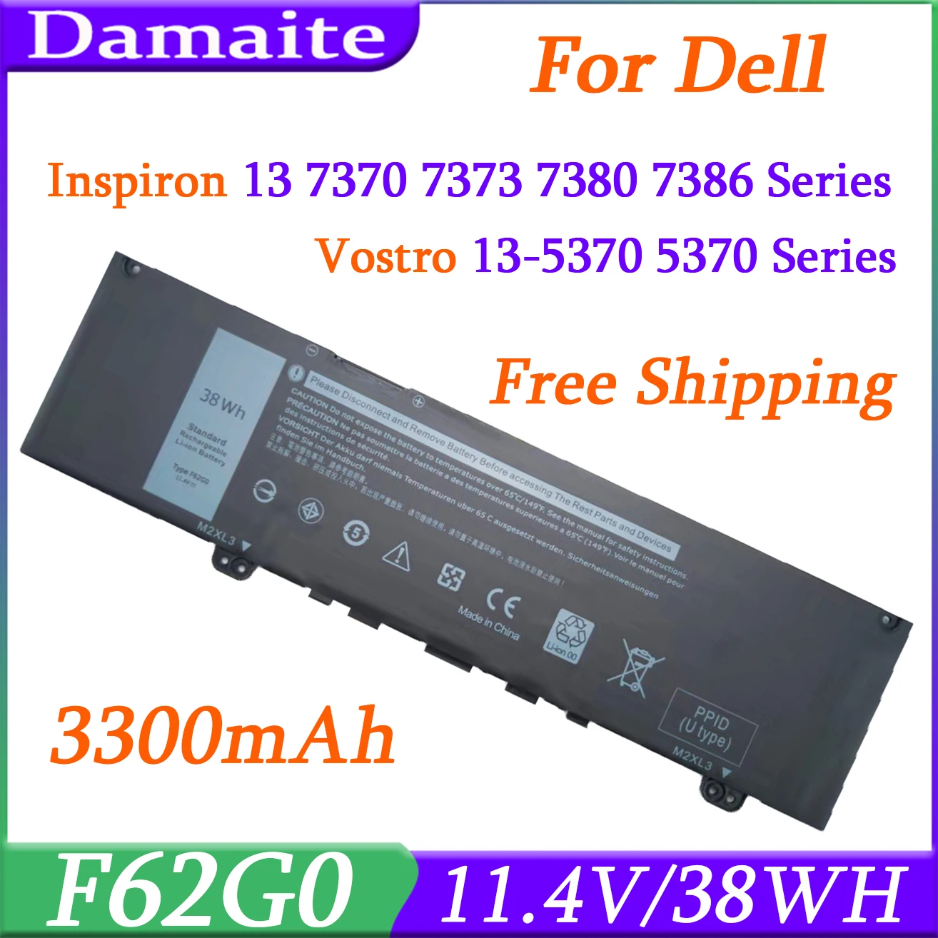 F62G0 11.4V 38WH Laptop Battery For DELL Inspiron 13 7370 7373 7380 7386 Vostro 13 5370 P83G P87G RPJC3 39DY5