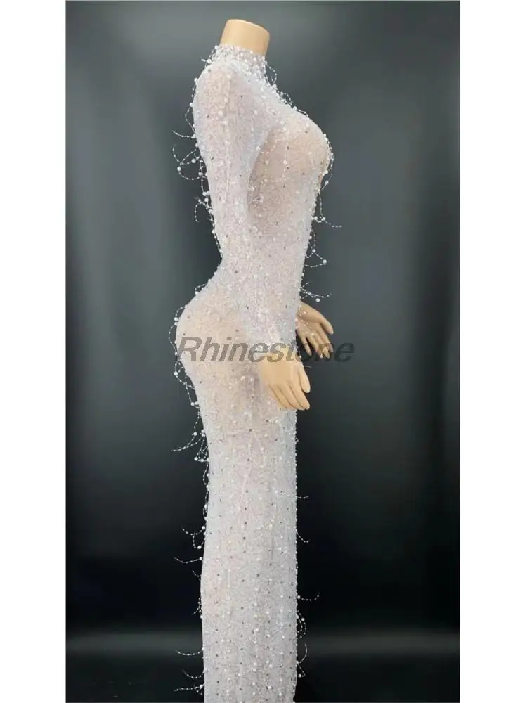 Customized Sexy Silver Rhinestone Sequins Long Sleeves Transparent Dress Evening Birthday Costume Women Dancer Show Outfit