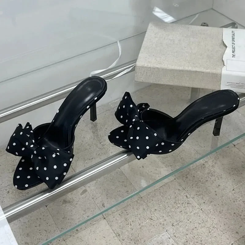 

Aneikeh Summer Women Polka Dot Bow Mules Heels Elegant Open Toe Satin Slippers Ladies Thin Heel Sandals Party Dress Shoes