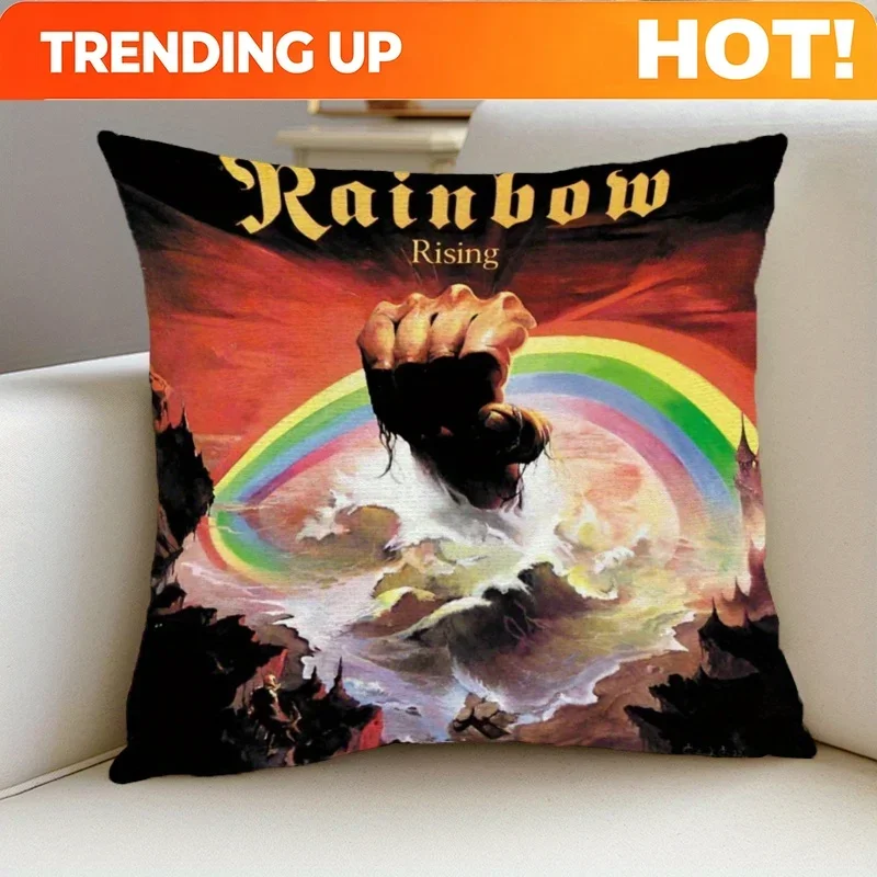Custom 1pc Vintage Rainbow Rising Album Cover Cushion Cover - Double-Sided Retro Rock Band Decor With Fist & Rainbow Graphic