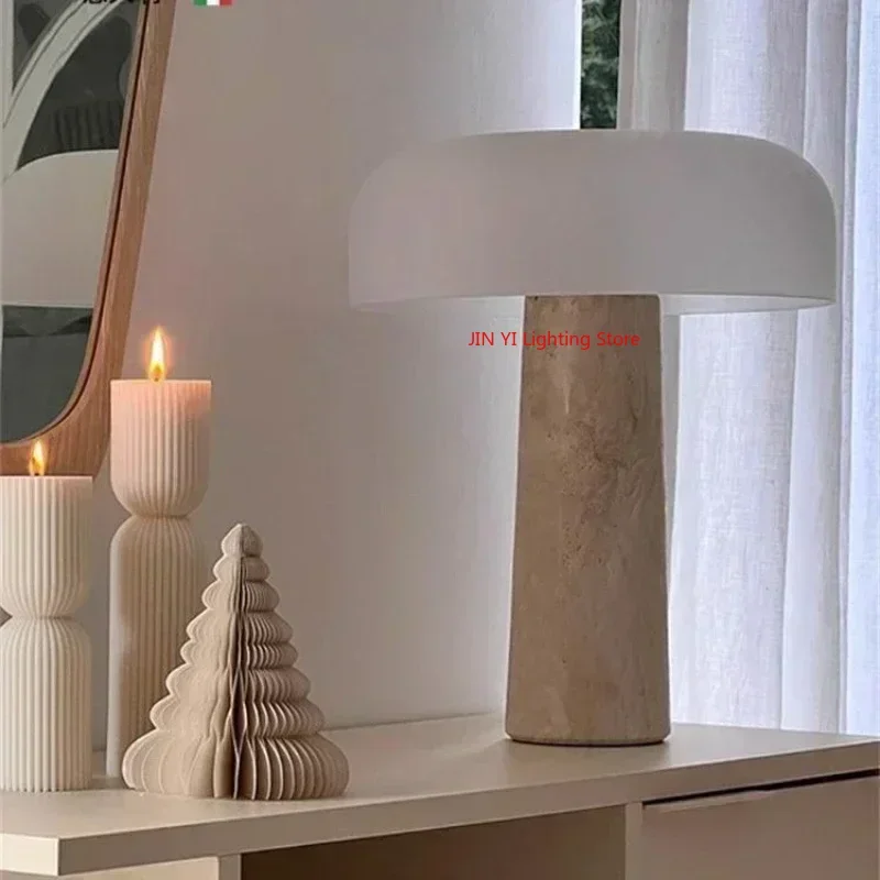 

Personality Simple Natural Travertine Living Room Designer Creative Mushroom Home Decoration Frosted Lampshade Table Lamp