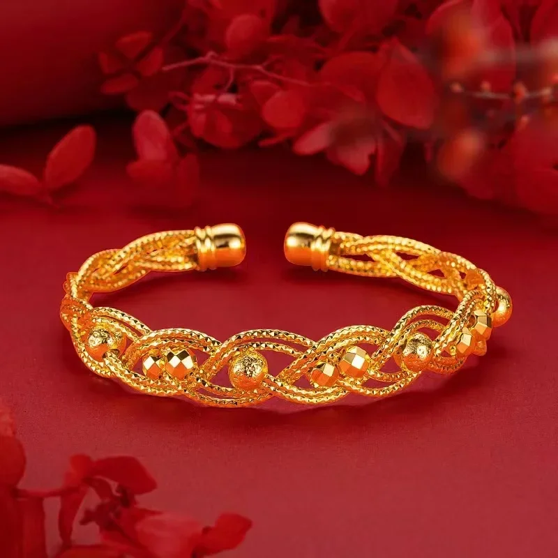 

9999 24K Yellow Gold Bohemian Flash Bracelet, Light Luxury, Open - style All - match Jewelry
