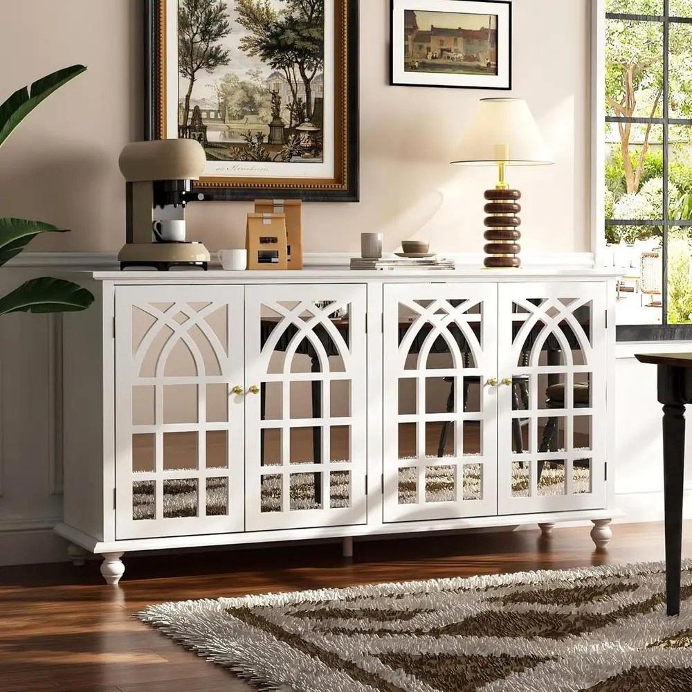 

Белый буфет-сервант с 4 отделениями для хранения и 4 резными зеркальными дверцами для кухни, столовой, кофейни или гостиной