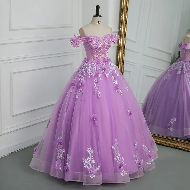 New Off The Shoulder Quinceanera Dresses Purple Tulle Floor-length Ball Gown Sweet Lace Flower Vestido Debutante PlusCustomized