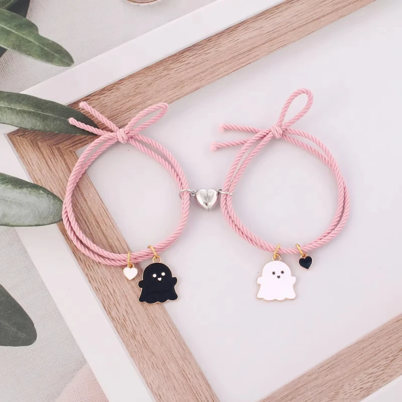 2Pcs/Set Ghost Braided Bracelet for Lovers Long Distance Heart Magnet Couple Bracelets Friendship Fashion Jewelry Gift