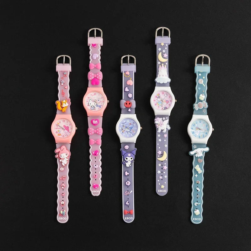 Sanrio 3D 패턴 어린이 시계 Cinnamoro 헬로 키티 방수 쿼츠 시계 Kuromi 만화 실리카 젤 시계 밴드 키즈