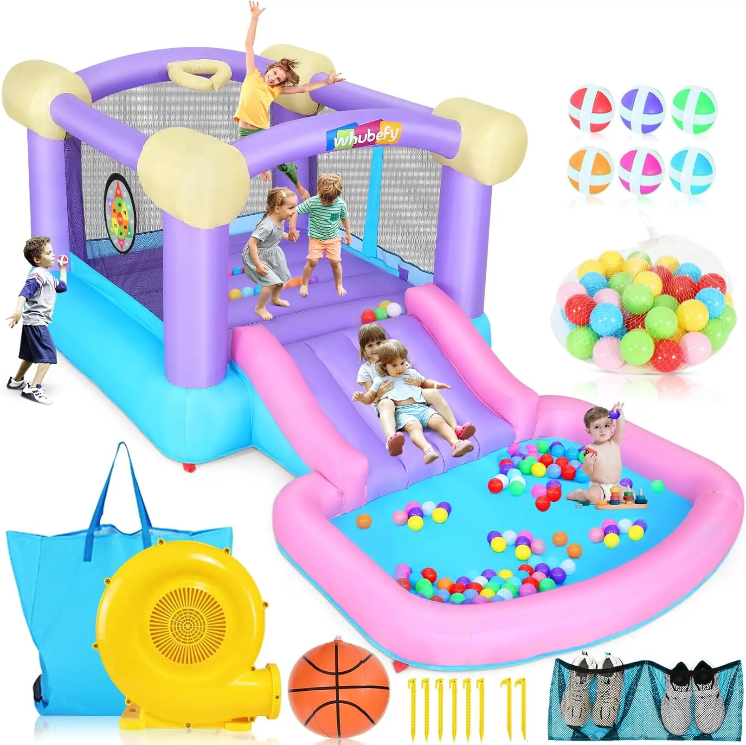 

Inflatable Bouncy Castle for Kids Ages 3-6, 5-in-1 Bounce House with Ball Pit Pool & 50 Balls, Slide, Dart Board & 6 Sticky Balls, Basketball Hoop, ETL-Approved Air Blower & Storage Bag