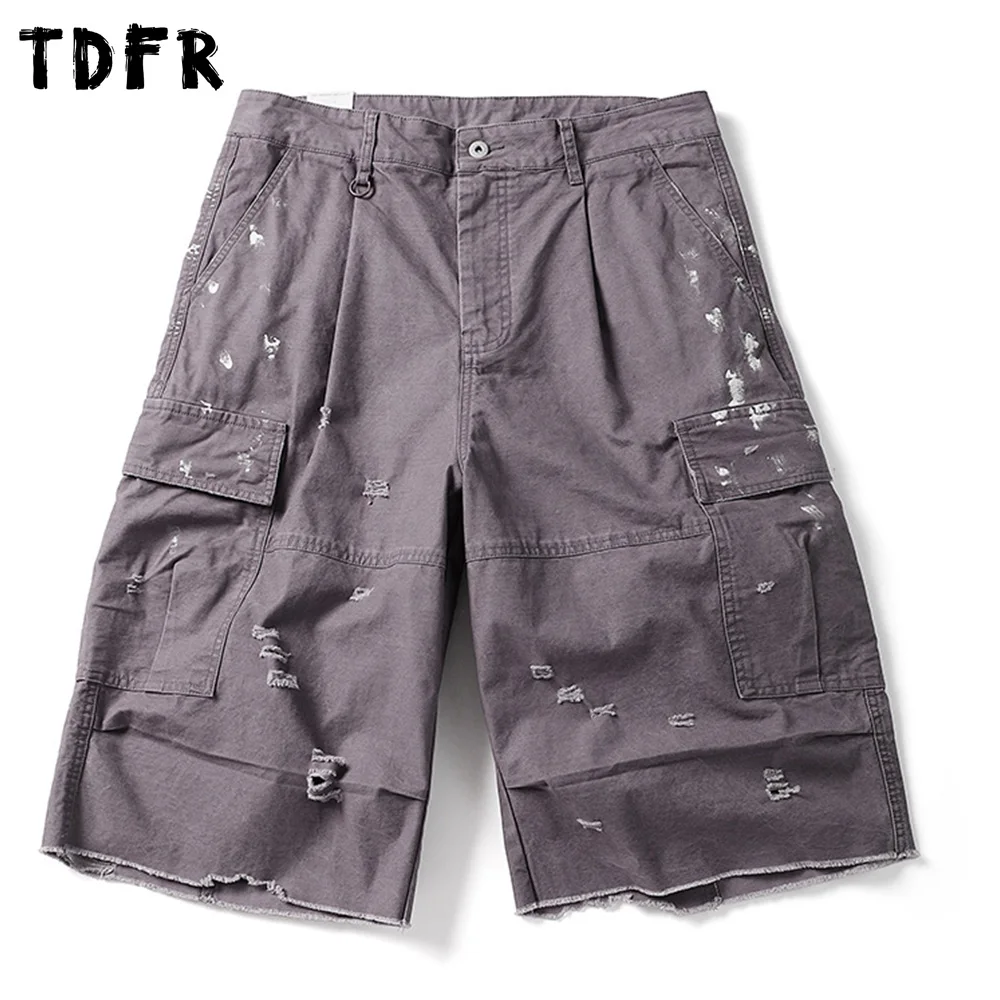 

Pocket Ripped Cargo Shorts Mens Summer Splash Ink Retro Streetwear Loose Wide Leg Raw Edge Shorts Men