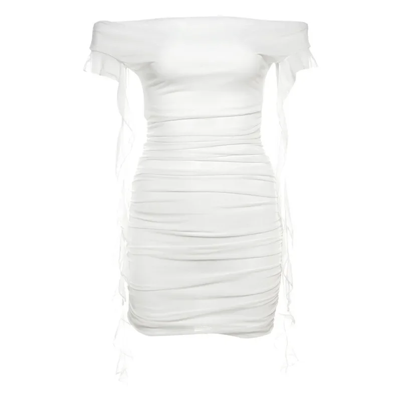 

Mesh Patchwork Mini Dress Women Ruched Slash Neck Off Shoulder Backless Tassel Midnight Club Party Elegant Skinny Outfits