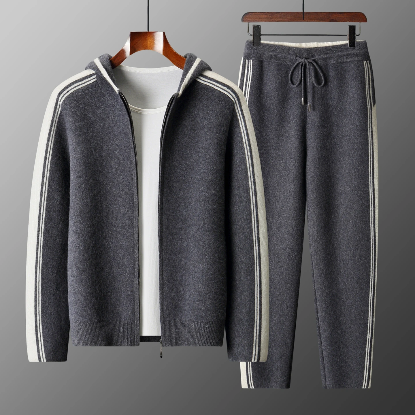 

Men's Sport Set 100% Wool Pants Hooded Cardigan Knitwear Autumn Winter Thick Warm Sweater Zipper Jacket Straight Leg Trousers