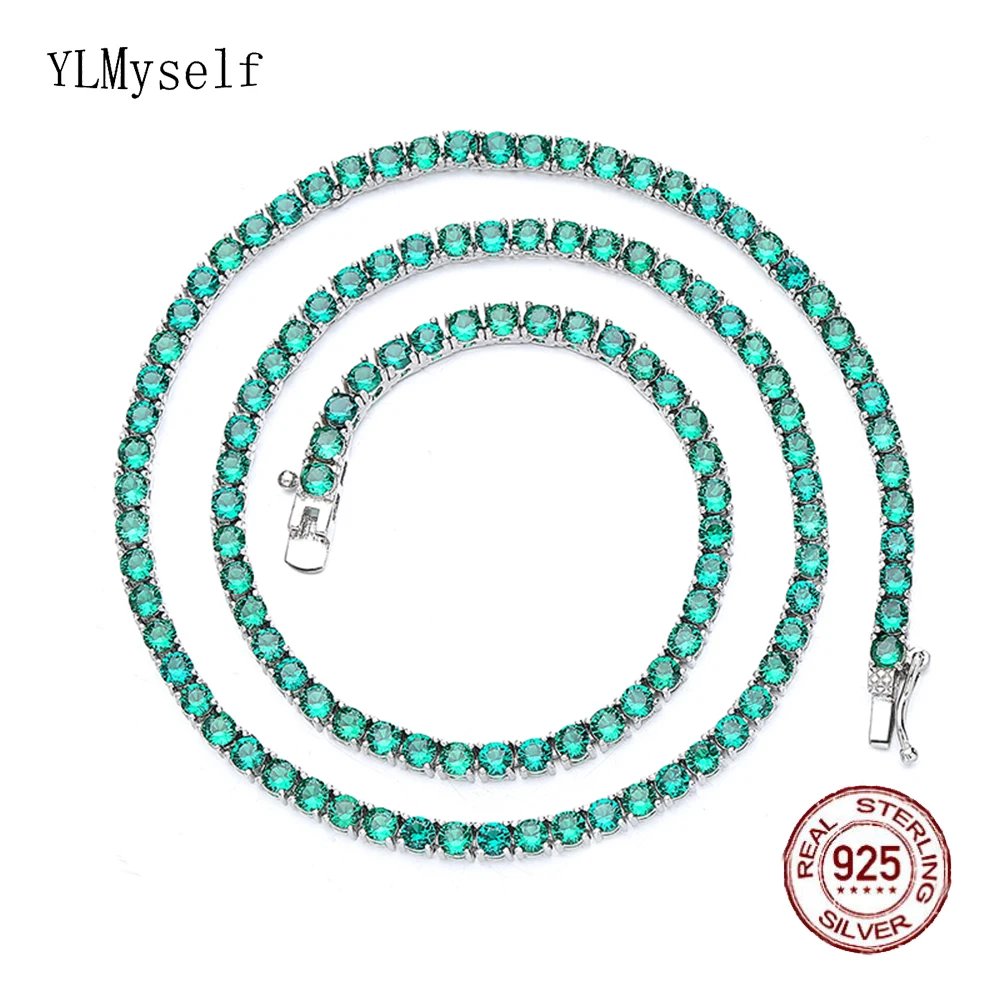 16-24 Cal (41-60 cm) stałe prawdziwe 925 Sterling Silver tenis Choker naszyjnik Pave 3 mm Emerald Green cyrkon Fine Jewelry naszyjnik