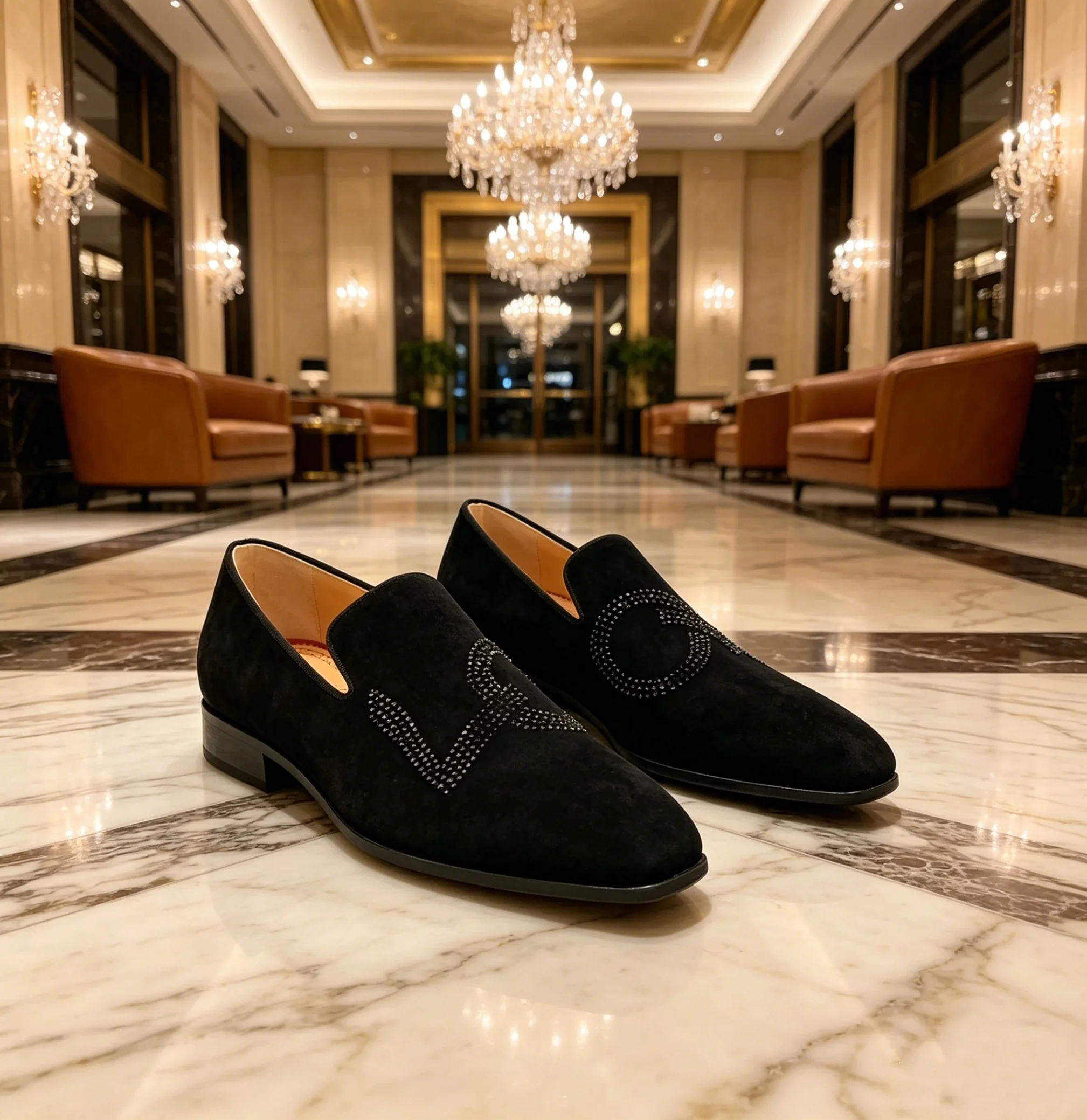 Men Shoes For Wedding - Sepatu Loafer Berhias Rhinestone Mewah Kulit