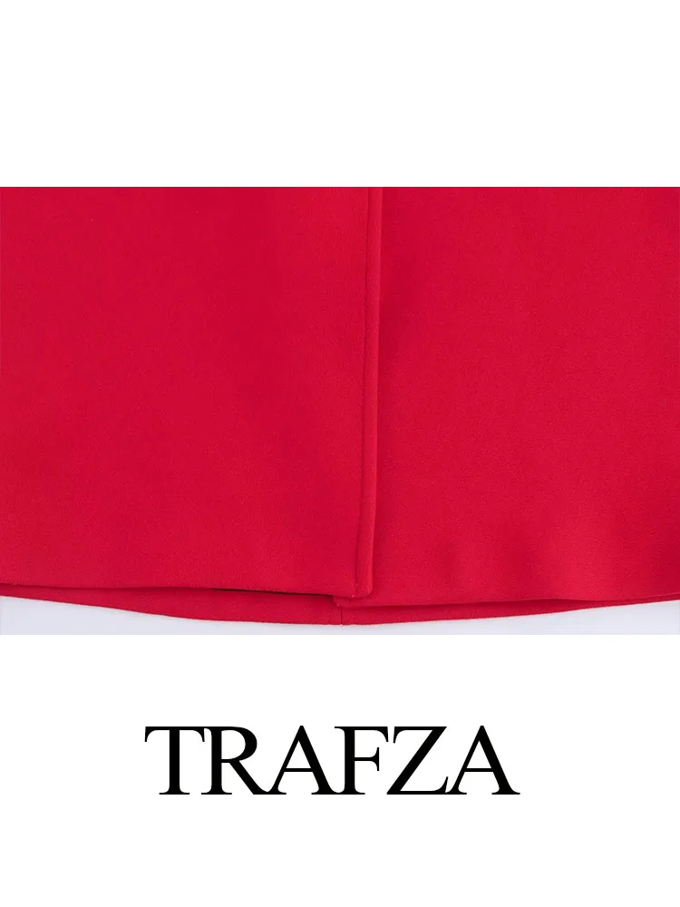 TRAFZA 2024 여성 캐주얼 코트, 레드 턴 다운 칼라, 긴팔, 루즈한 싱글 브레스트 가디건, 스트리트 우먼, 트렌디 겨울 코트