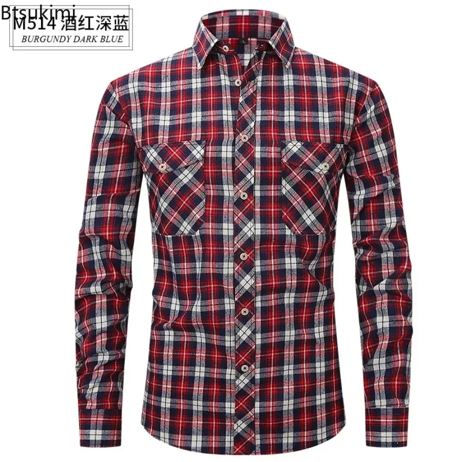 New2024 Men's Warm Social Shirts Plaid Style Autumn Winter Flannel Warm Casual Shirts Plaid Tops Long Sleeve Business Shirts Men