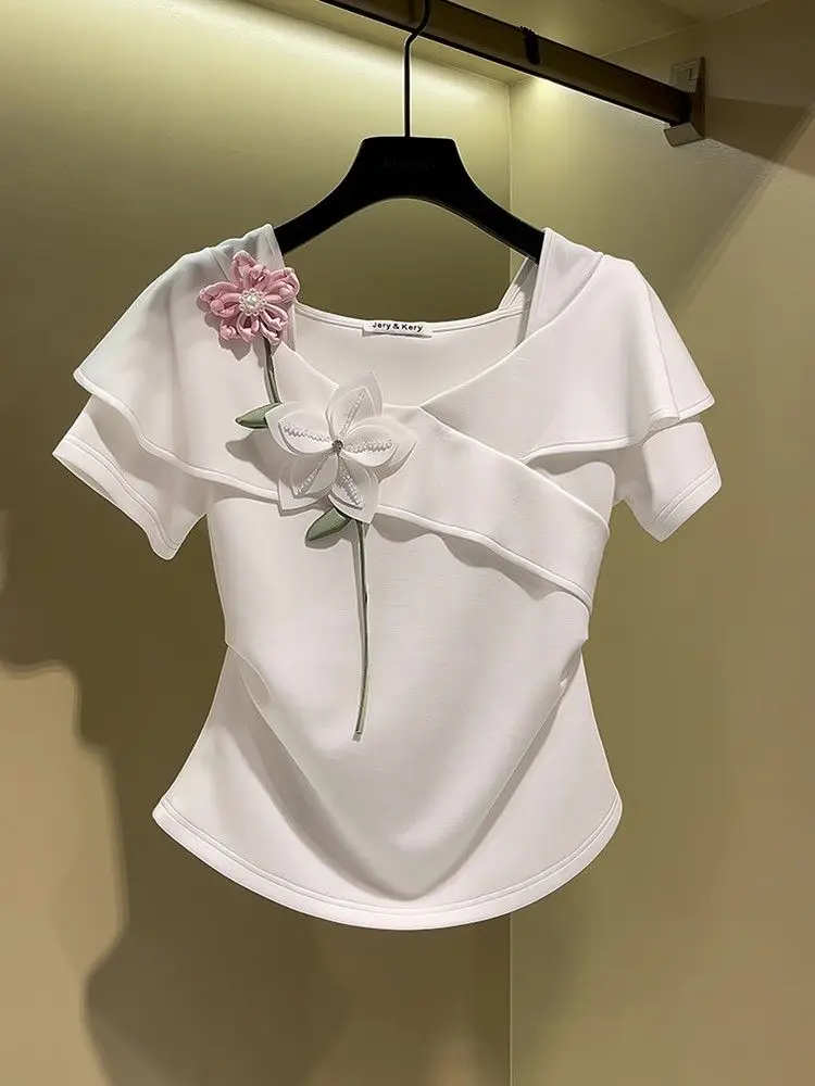 Square neck three-dimensional flower split waist short sleeved T-shirt for women 2024 summer new top