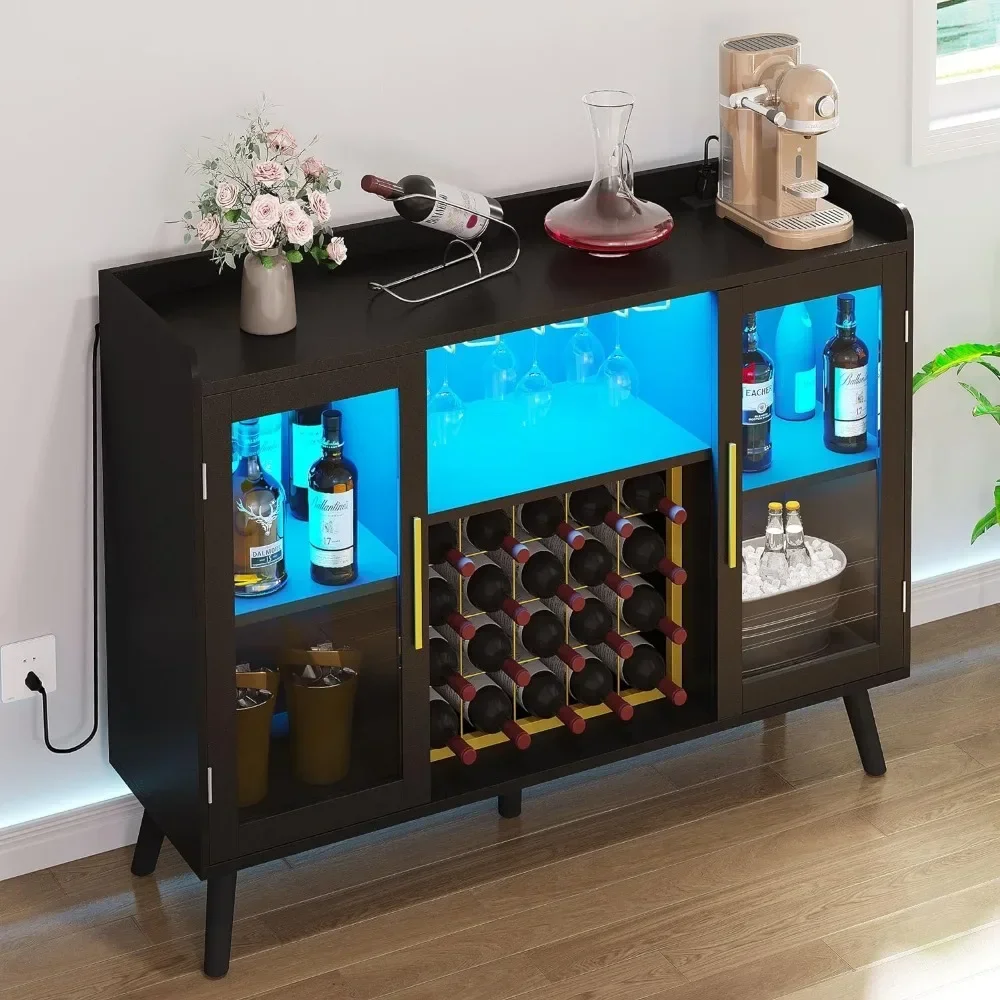 Wine Bar Cabinet with Led Lights & Power Outlets, 53" Coffee Bar Cabinet for Liquor and Glasses, Storage Cabinet