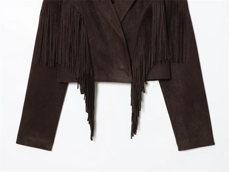 Chaqueta de mujer 2025 otoño nuevo estilo marrón oscuro de manga larga de gamuza con flecos Chaqueta corta estilo motociclista moderno y a la moda